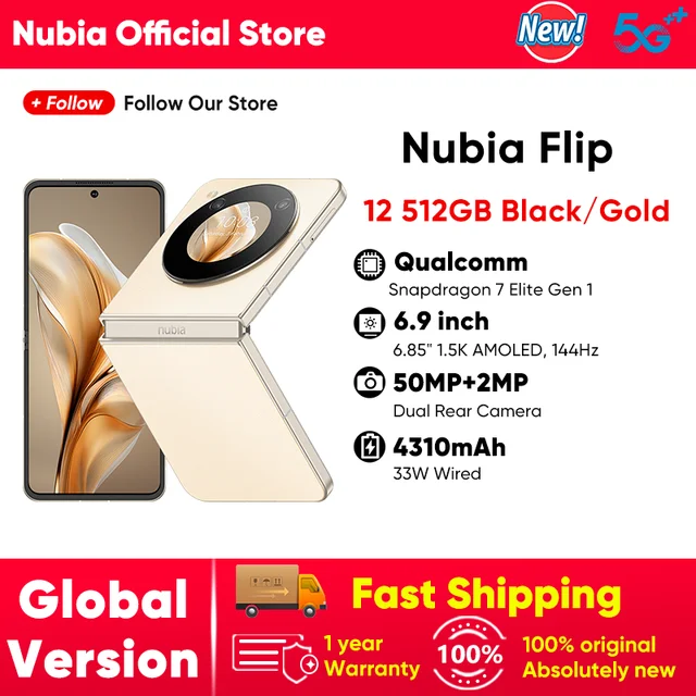 Nubia Flip 5G Snapdragon 7 Gen 1 16GB+512GB 6.9" AMOLED 120Hz Foldable Phone 50MP Dual Camera 33W Fast Charging Global 1