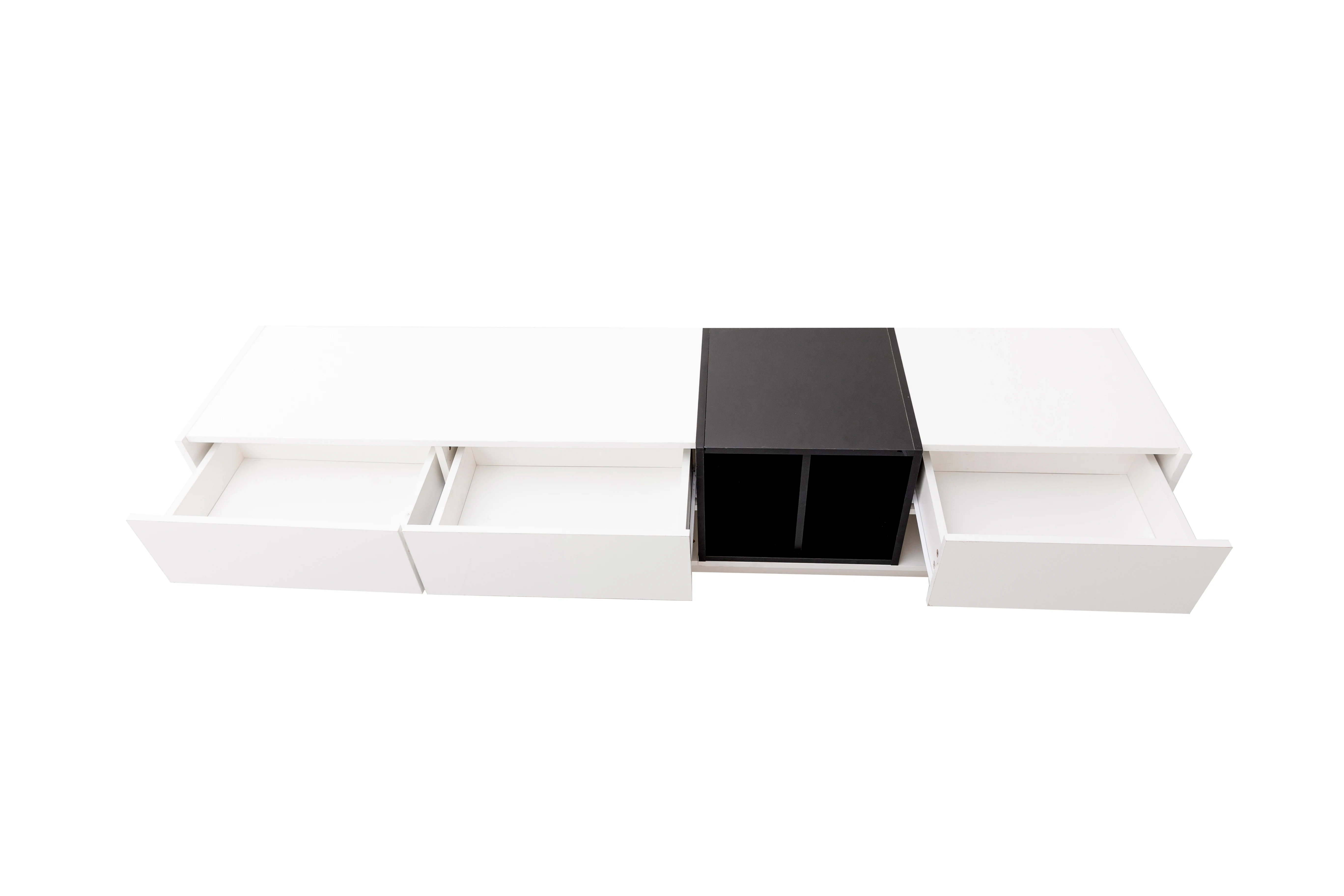 TV-Schrank/Lowboard, Kombination aus Hochglanzweiß und Schwarz. Farbblockierendes Design, Schubladen, Fächer, mehrfacher Stauraum – Detail 22