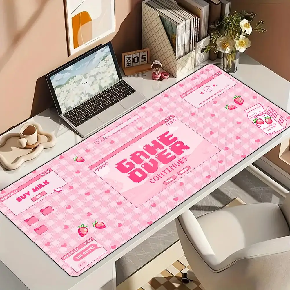 Cute Pink Kawaii Non-Slip Gaming Desk Mat with Durable Stitched Edges for Office and Gaming Use