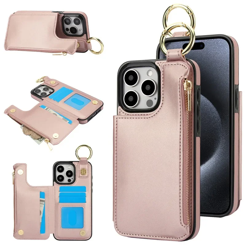 Ring Zip Wallet Card Leather Phone Case with Flip Stand Cover Etui