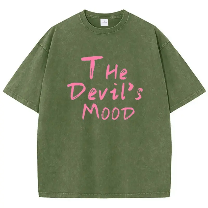 Fashion Womans Cotton Washed T-shirts The Devil's Moon Letter Prints Tops Casual O-Neck Oversize Tees Street Female Clothes 4