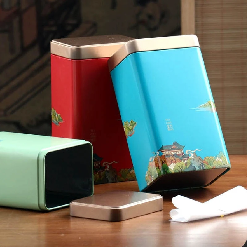 Tea Tin Square Portable Metal Tea Box Storage Sealed Pot Living Room Coffee Table Set tea tin box tea canister