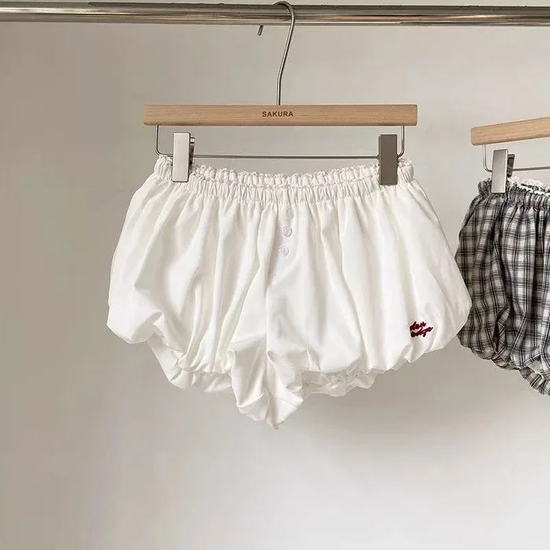 Plaid Bubble Hem Shorts with Elastic Waist, Front Buttons and Lace Trim — photo 5