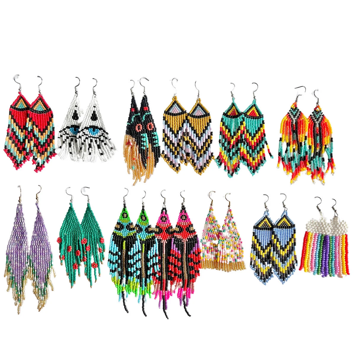 1 pair of ethnic style Bohemian colorful rice beaded tassel earrings for female minority Rainbow handmade drop earrings dangle earrings long earrings pendant earrings crystal tassel earrings