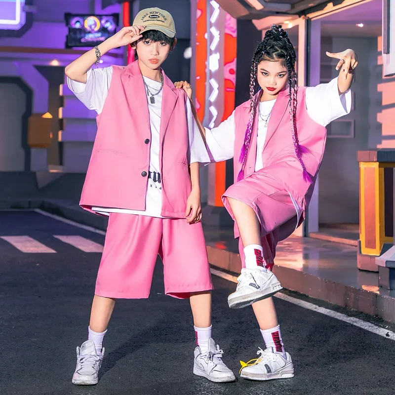 

Kids Showing Outfits Hip Hop Clothing Pink Sleeveless Blazer Jacket Baggy Shorts for Girl Boy Jazz Dance Costume Teenage Clothes