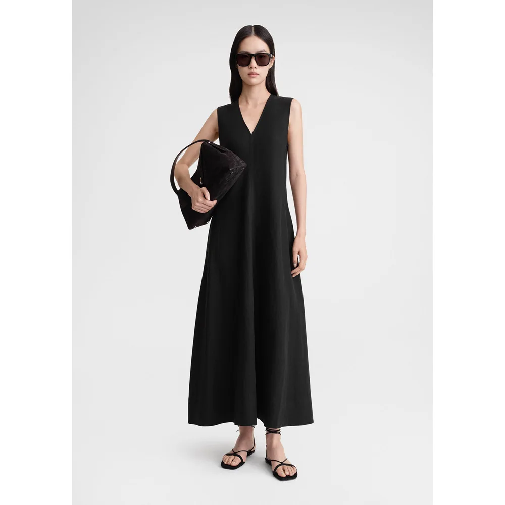 

Women's Dress 2024 New Summer Spring V-neck Solid Color Slim Commuter Sleeveless Sling Long Robes