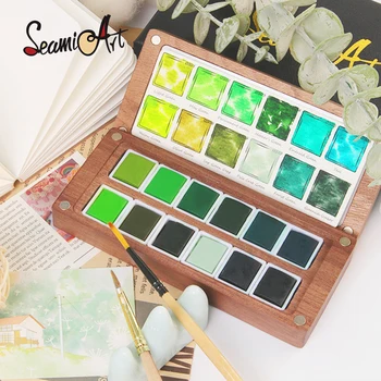 SeamiArt 12 colori Oasis Set professionale per acquerelli solidi Tono verde con tavolozza di scatole per pittura in noce per materiali artistici 1