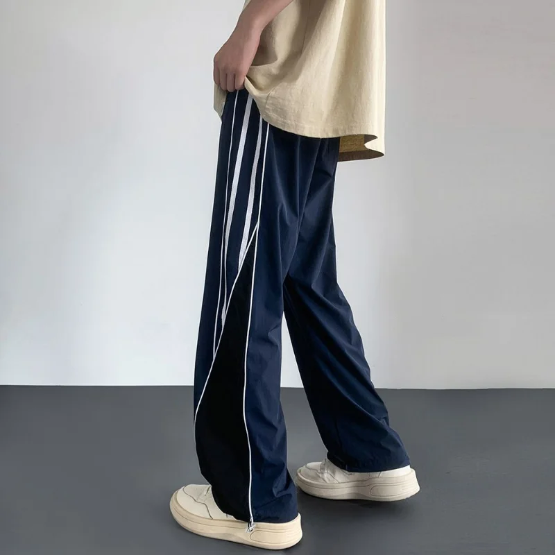 High Street Trendy Casual Pants Men's Solid Side Stripe Patchwork Drawstring Pocket Waterproof Outdoor Sports Straight Trousers