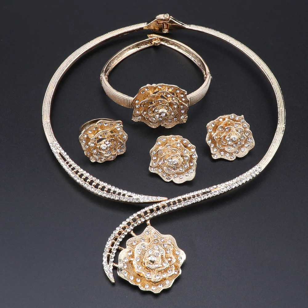 

Модный набор ювелирных изделий из Дубая золотого цвета, свадебное ожерелье, серьги, круглые кольца, свадебный подарок