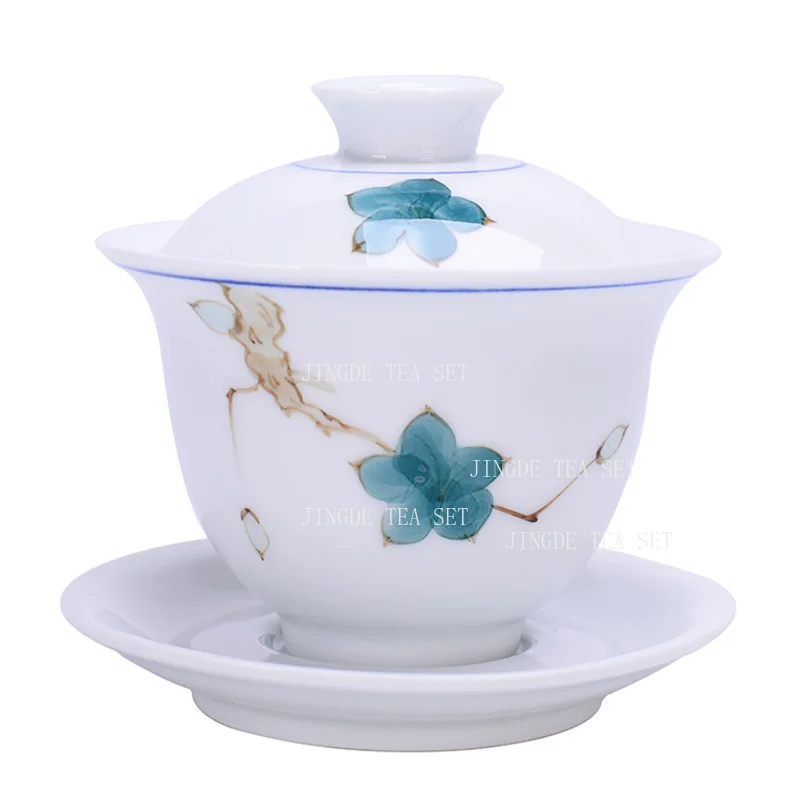 320ml Blue and White Porcelain Covered Bowl Large Chinese Household Tea Cup Porcelain Kung Fu Tea Set Sancai Tribute Tea Bowl