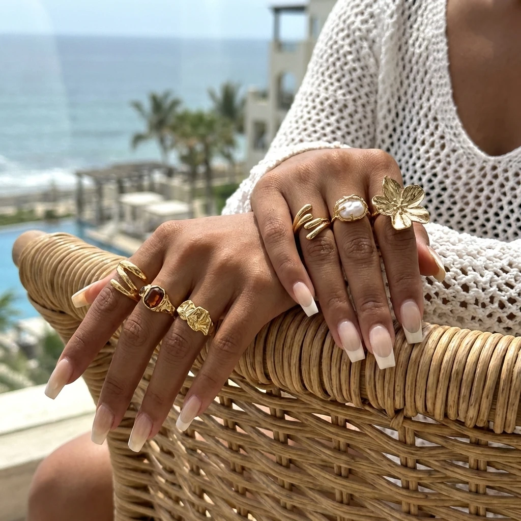 Elegant Gold-Tone Ring Set with Faux Pearls and Abstract Floral Design