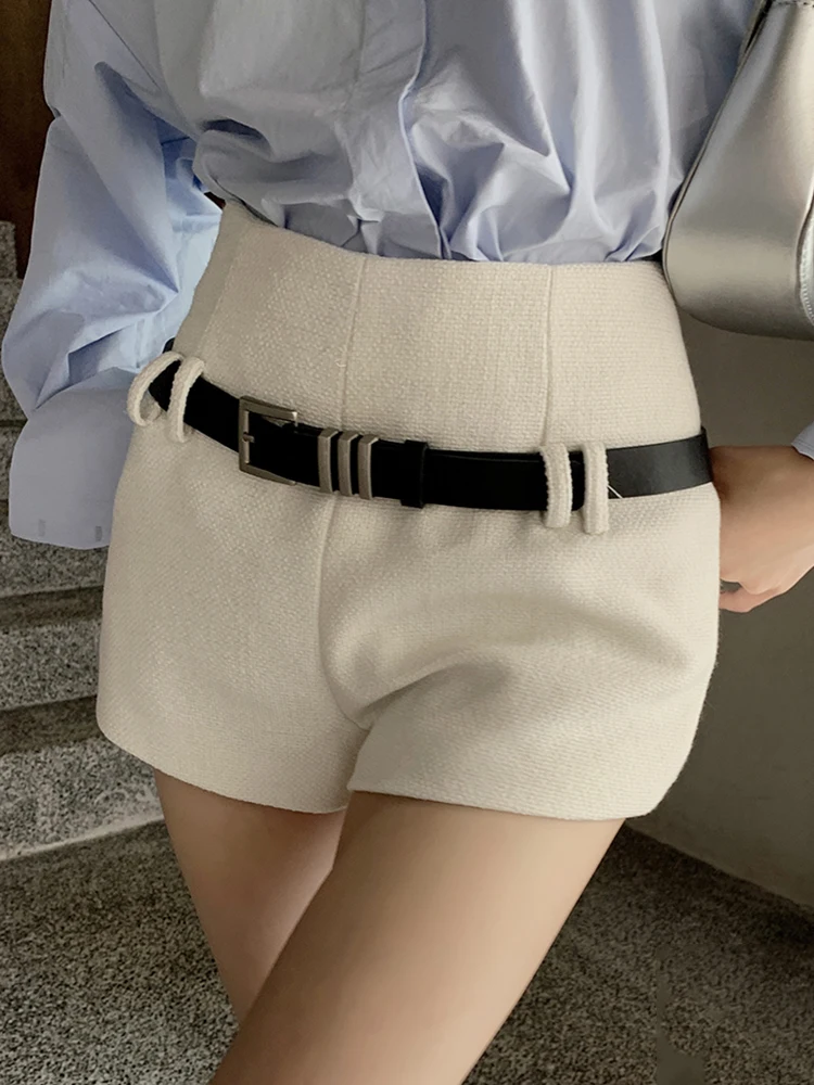 

QOERLIN New In Women Woolen Shorts with Belt High Waist Fashion Sexy Y2K Loose Casual Shorts Female Streetwear Black Beige