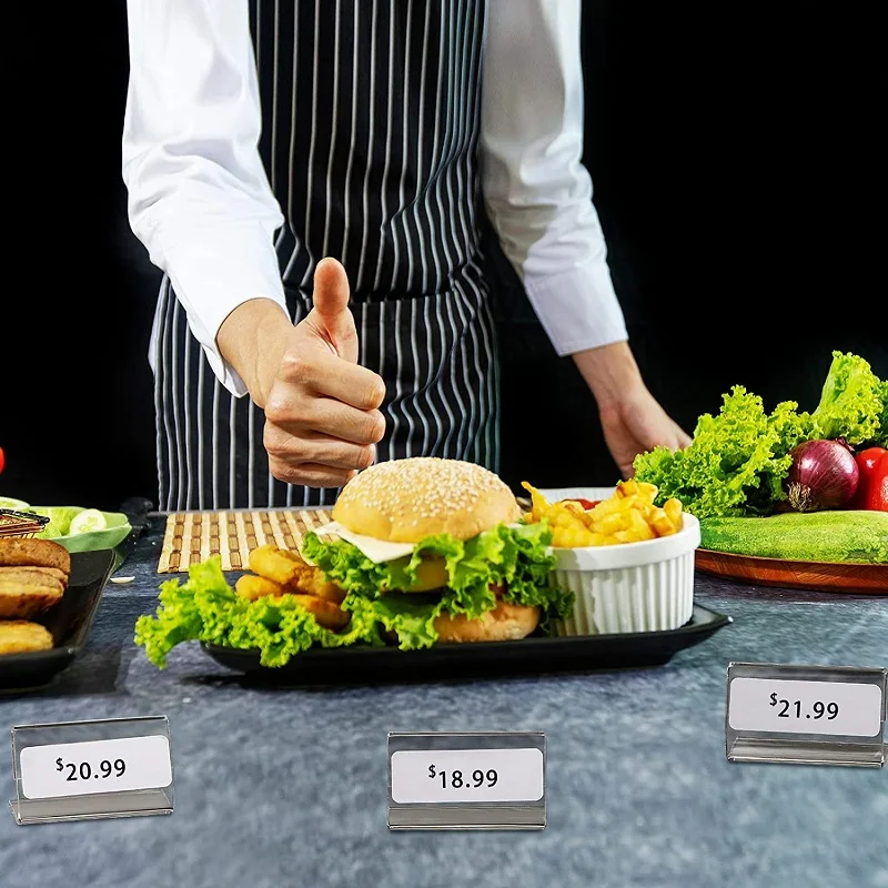 10pcs L 모양 테이블 로그인 디스플레이 스탠드 이름 소매 빵집 뷔페에 대 한 가격 카드 홀더 아크릴 지우기 가격 카드 태그 레이블 스탠드