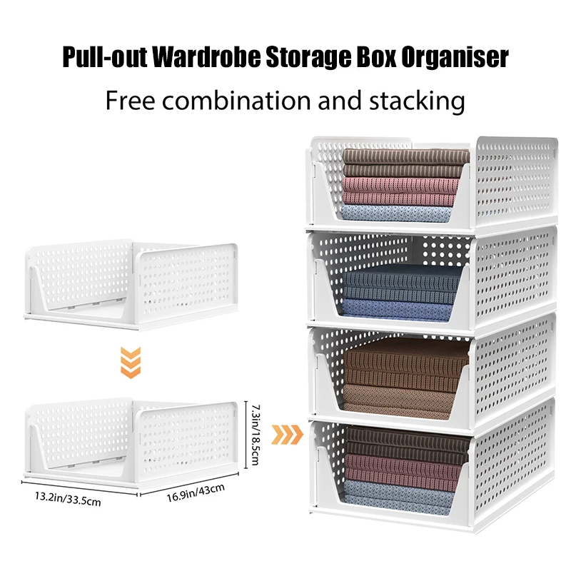 Foldable Wardrobe Storage Box White Plastic Wardrobe Shelving Wardrobe Organisation Storage Box Drawer-Style Pull-Out Design