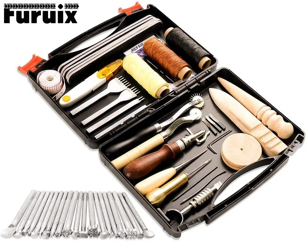 

Leather Working Tools Prong Punch Edge Beveler Wax Ropes Needles for Stitching Punching Cutting Sewing Leather Craft Making