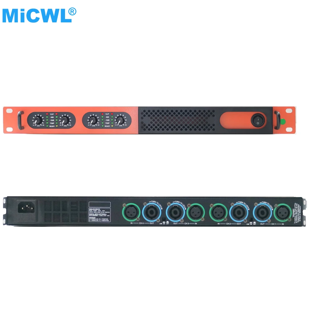 

Authentic MiCWL 4 Channel Digital Power Amplifier 7000W Peak Stage Home DJ Karaoke 4x650 Watt Speaker AMP 1U Rack Design