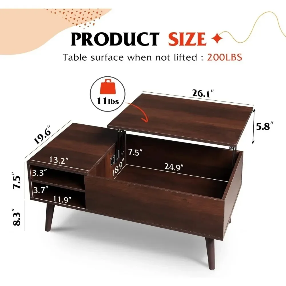 Lift Top Coffee Table for Living Room,Small Coffee Table with Storage,Hidden Compartment and Adjustable Shelf,Mid Century Modern 6