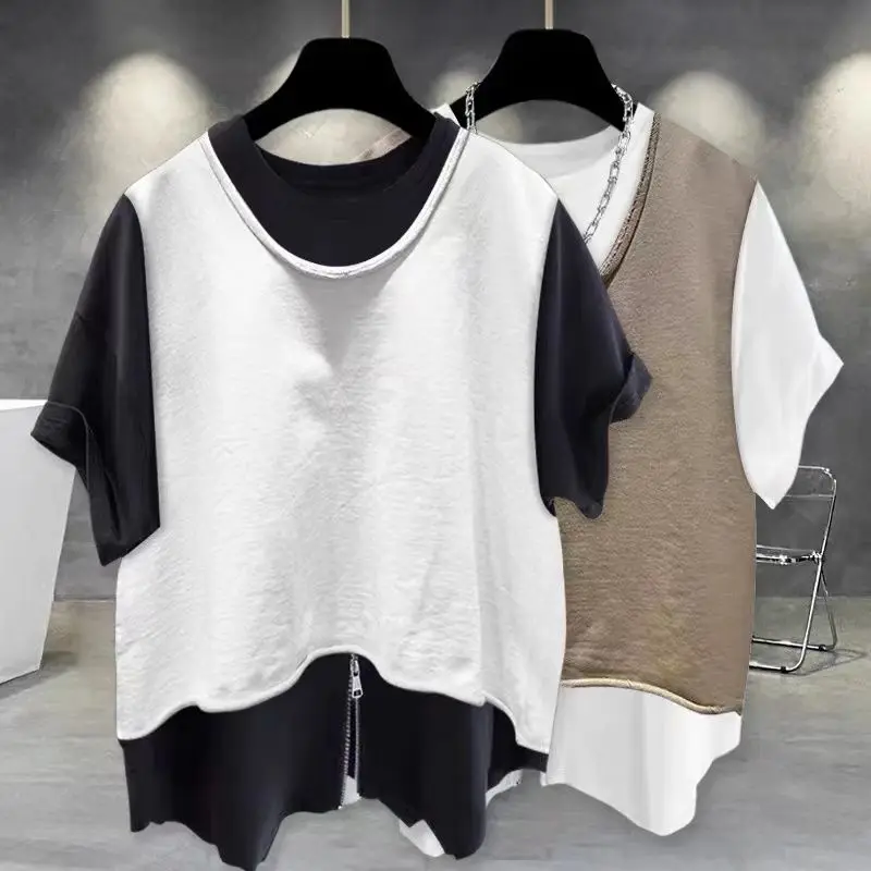 

Summer Fake Two Piece Short Sleeve Men Round Neck T Shirt Zipper Handsome Students Loose All-match Fashion Oversized Clothes Top