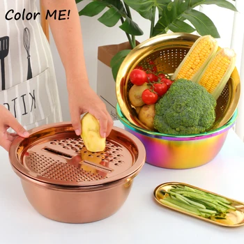 3Pcs/Set Multifunctional Vegetable Slicer Grater With Container Stainless Steel Drain Pot Strainer Basket Kitchen Accessories 1