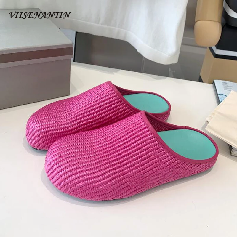 

Half Slipper Mules Shoes for Women High Quality Round Toe Slip on Spring Summer New Shoes Weave Fashionable 2023 New Shoe