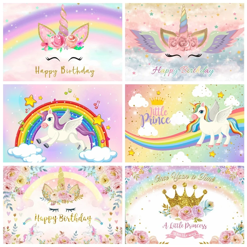 

Unicorn Birthday Party Backdrop Rainbow Clouds Flowers Newborn Baby Shower Photography Backgrounds for Photo Studio