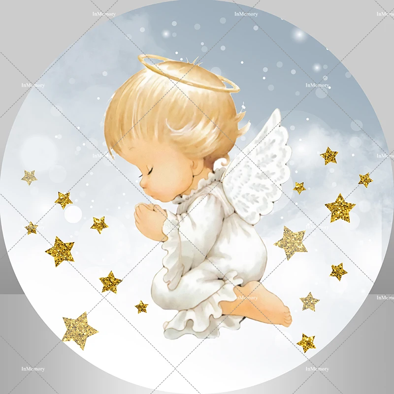 소년을위한 Christening 배경 생일 파티 장식 사용자 정의 골드 별 천사 소년 첫 번째 성령 성 찬 식 원형 원형 배경