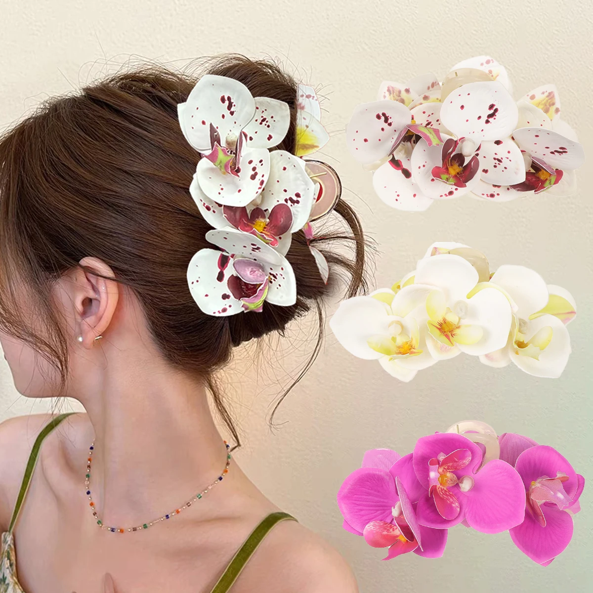 AWAYTR Stoffblumen-Haarklammer, niedliche Schmetterlings-Orchideen-Haarspange, Bohème-Orchideen-Haarspange, Haifischklammer, große Haarspange, Haarnadel für Mädchen