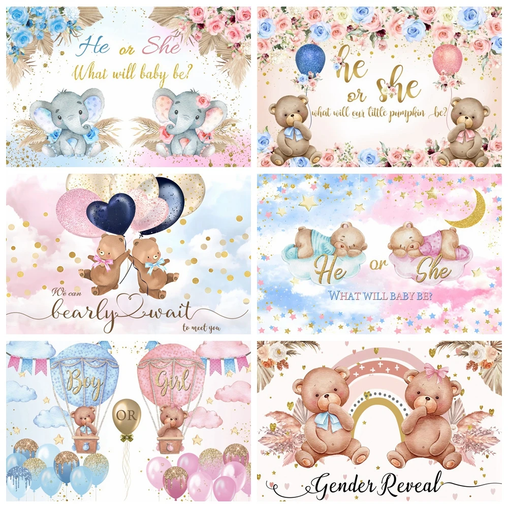 

Gender Reveal Photocall Backdrop Boy Or Girl Baby Shower Birthday Party Backdrop Bear Elephant Photography Background Decor