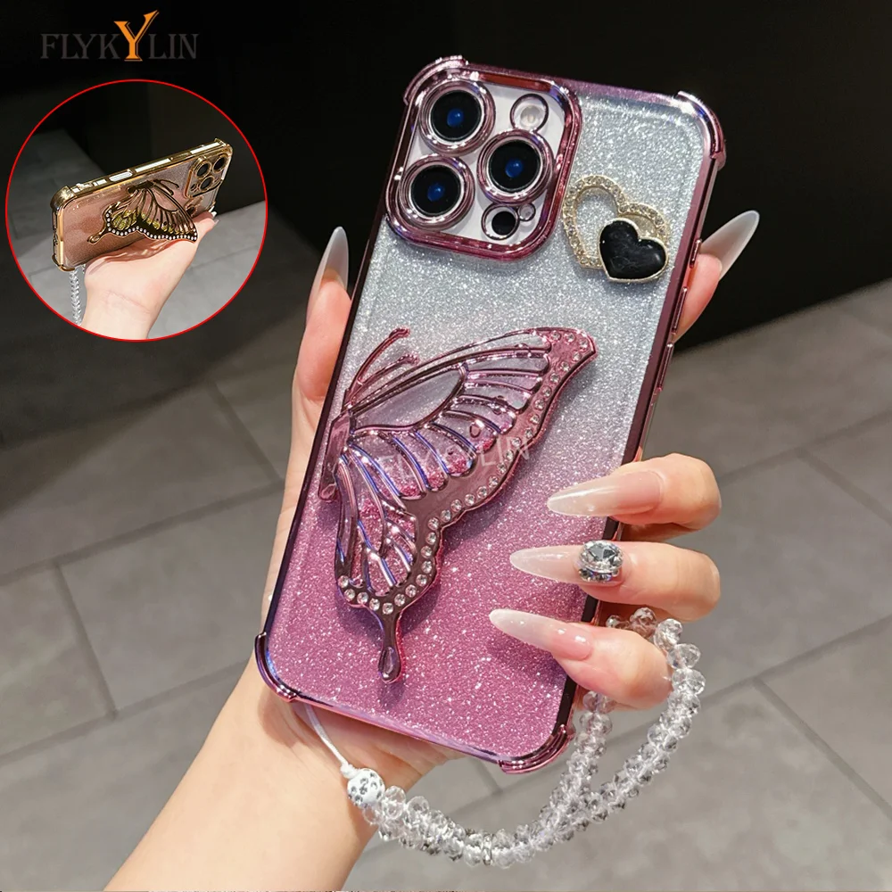 Elegant Butterfly Bracket Crystal Chain Phone Case - Luxury Protective Cover