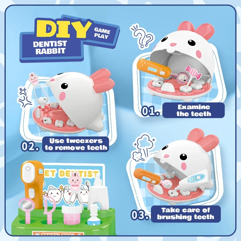 Rabbit Dentist Pretend Play Set Cute Children Montessori Toys for Girl Check Teeth Model Doctor Role Play Baby Kid Learning Toy