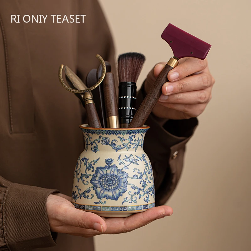 Chinese Blue and Flower Ru Kiln Ceramics Tea Making Tools Solid Wood Tea Ceremony Six Gentlemen Set Tea Clip Teaware Accessories