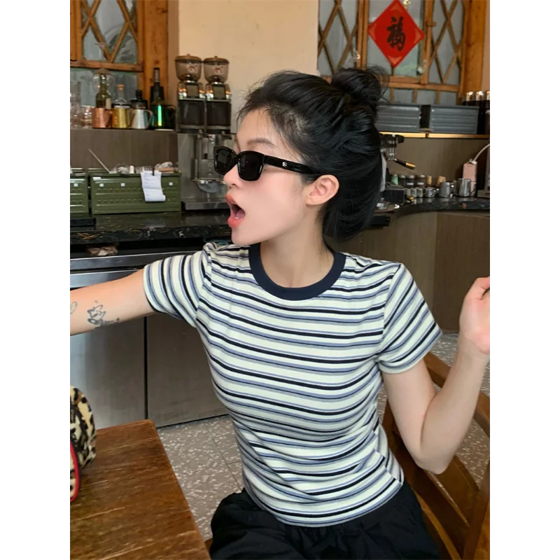 Vintage Women Y2K Striped Crop Top T-shirts for Women Slim Casual Short Sleeve Tee Sweet Tops Fashion Clothes 2025 Summer New 3