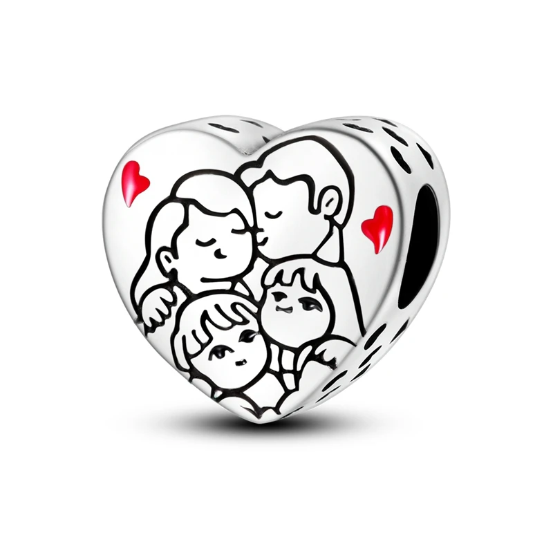 Herzförmige warme Familien-Charm-Perlen aus 100 % 925er-Sterlingsilber, passend für Qikaola Original-Armbänder, feine DIY-Schmuckgeschenke zum Muttertag – Detail 1