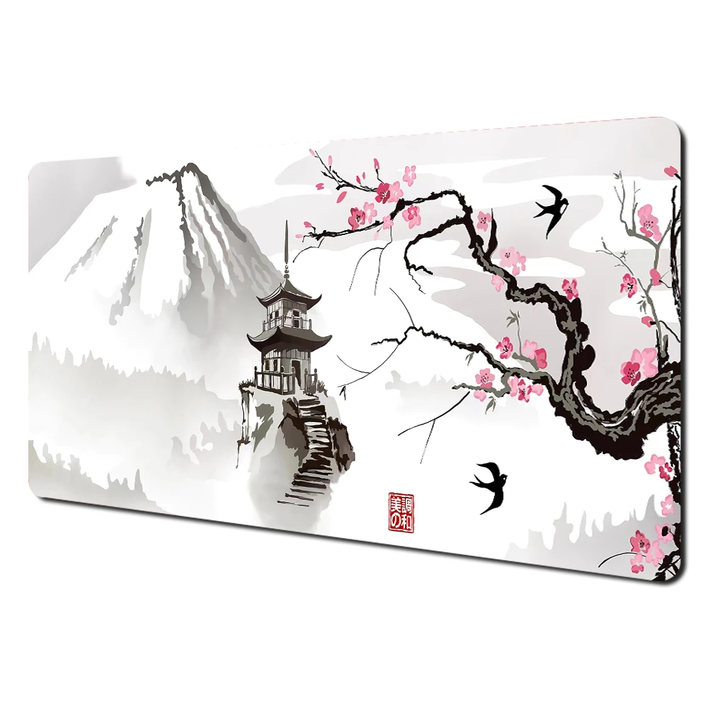 Mount Fuji Cherry Blossom Art Large Desk Mat - Stitched Edge Non-Slip Durable MousePad