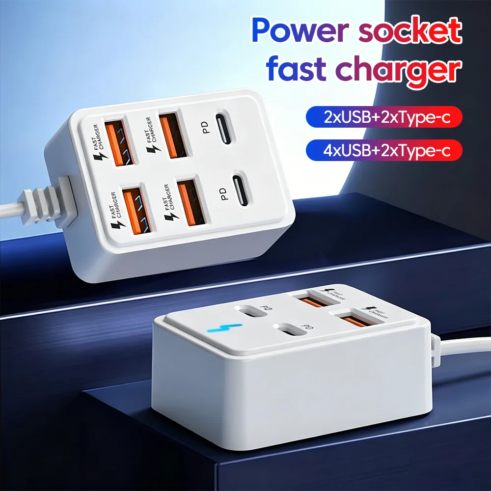 Carregador USB Multiportas 4/6 Portas PD Tipo C Estação de Carregamento Rápido Hub USB Adaptador de Tomada de Energia para iPhone Samsung Xiaomi Tablet