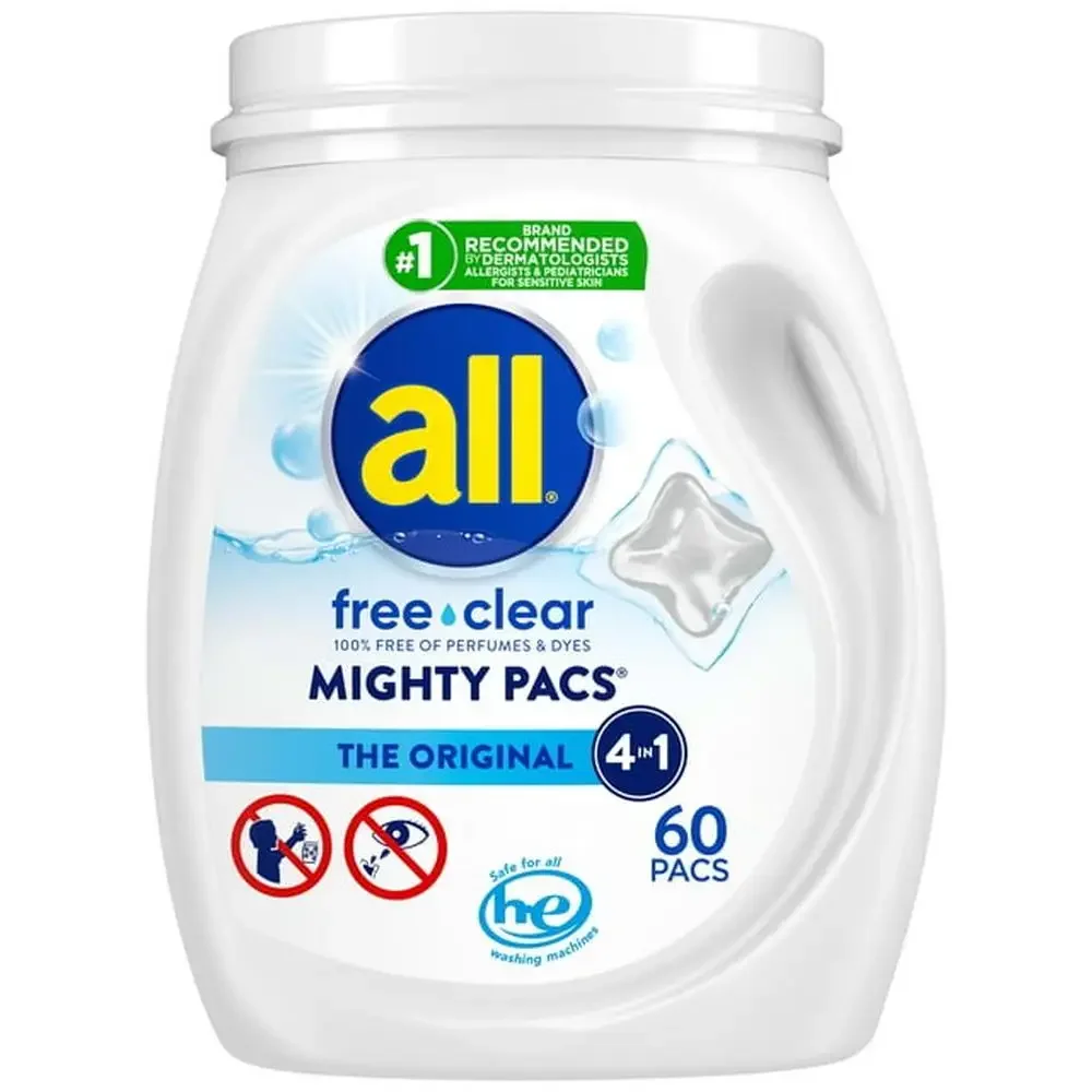 Hypoallergenic Laundry Detergent Pacs Sensitive Skin 60 Count Tub Fragrance Free Removes 99% Allergens Convenient Single Dose