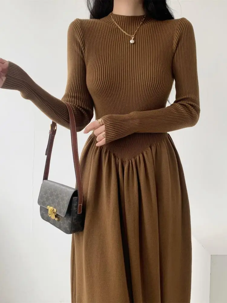 Autunno inverno solido sottile vestito lavorato a maglia donna moda coreana maglione manica lunga vestito femminile elegante pieghe abiti lunghi francesi 3