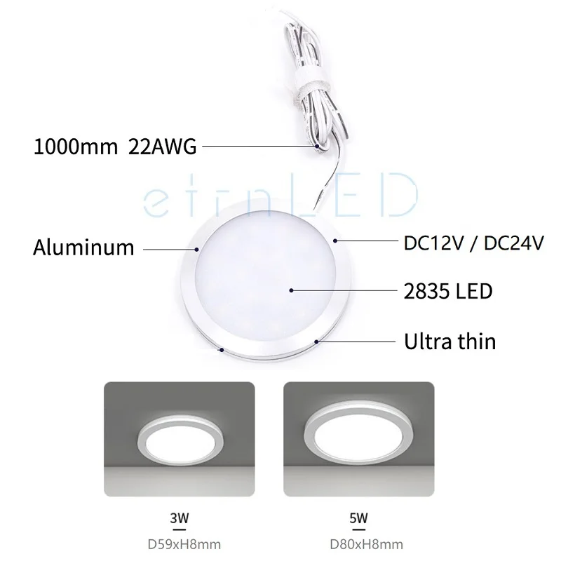 Dimmable Ceiling Spot Indoor Home Led Lamp 12V 24V Thin Round Surface Mounted Light Showcase Display Cabinet RV Camper Van 3W 5W 2
