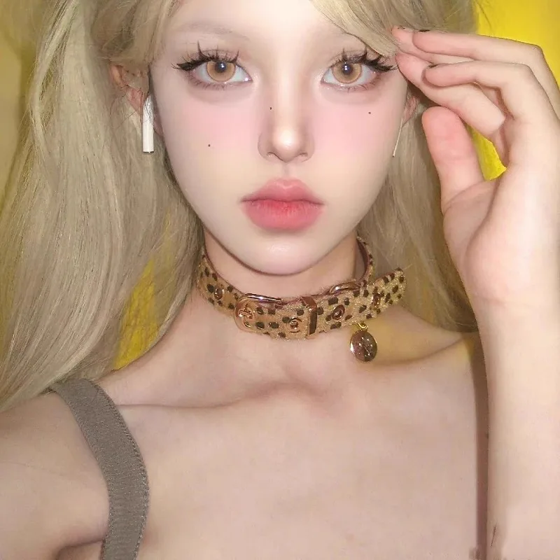 Y2k Sweet Cool Punk Puppy Footprint Pendant Necklace Leopard Pattern Plush Choker Collar Leather Neck Belt Party Jewelry Gifts