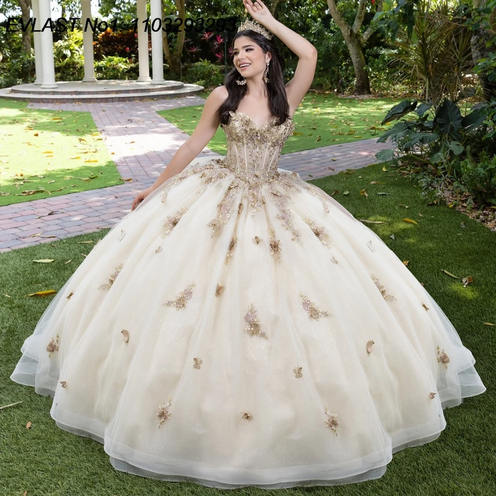 EVLAST Beige Ball Gown Quinceanera Dress Butterflies Applique Beading Bow Sweet 16 Party Vestidos De 15 Anos E1Q695