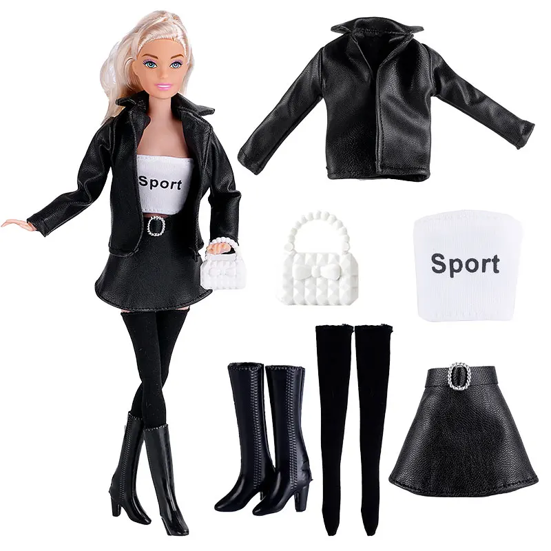 Chic Leather Dress and Fashion Coat Doll Outfit with Accessories