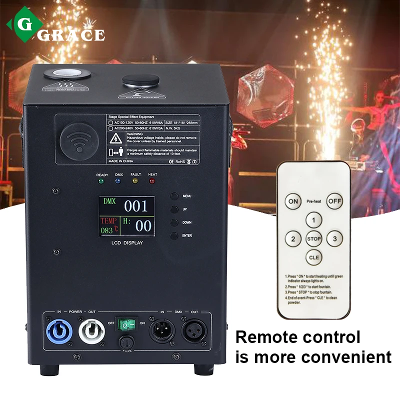 Igracelite 600w 무선 리모컨 스마트 DMX 제어 콜드 스파크 머신 웨딩 콜드 불꽃놀이 머신 파티 디스코 쇼용