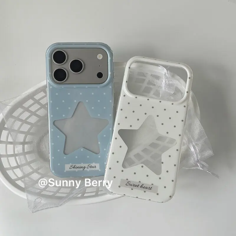 Korean Minimalist Blue & White Polka Dot Star Phone Case Cover
