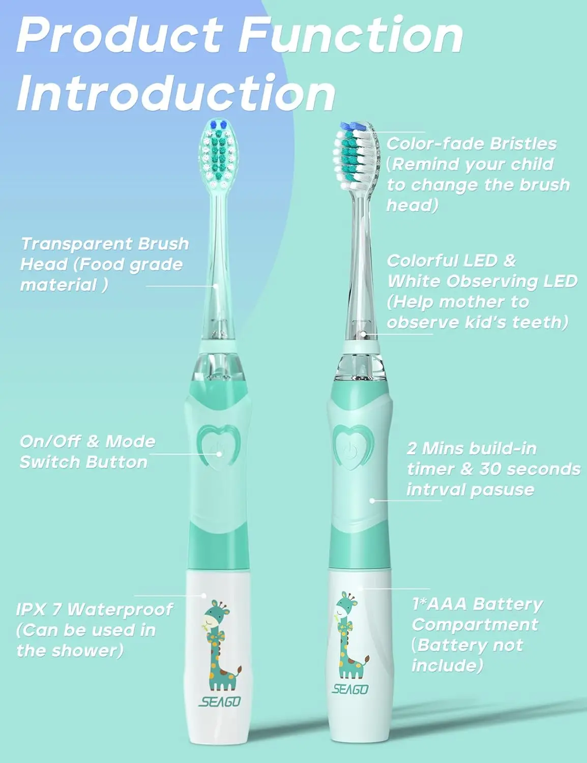 Description Picture 4 of itemSeago Electric Toothbrush for Kids Sonic Clean Teeth Special Soft Brush for Kids 2 Minutes Timer with 8 Extra Brush Heads