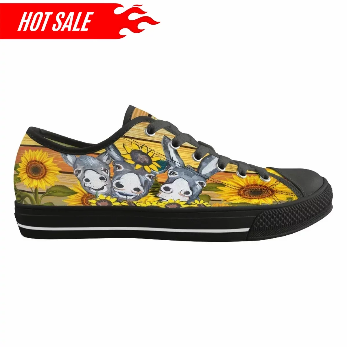 Fashion Hot Farm Donkey Sunflower Pattern Print Women's Casual Flat Shoes Classic Canvas Shoes Outdoor Sports Low Top Sneakers
