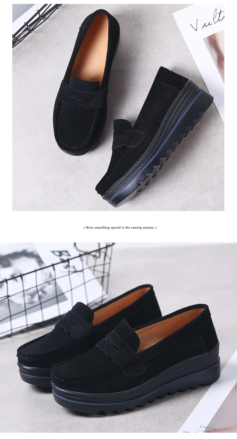 EOFK ربيع الخريف النساء الشقق منصة المتسكعون السيدات جلد طبيعي الراحة إسفين الأخفاف العظام الانزلاق على حذاء كاجوال