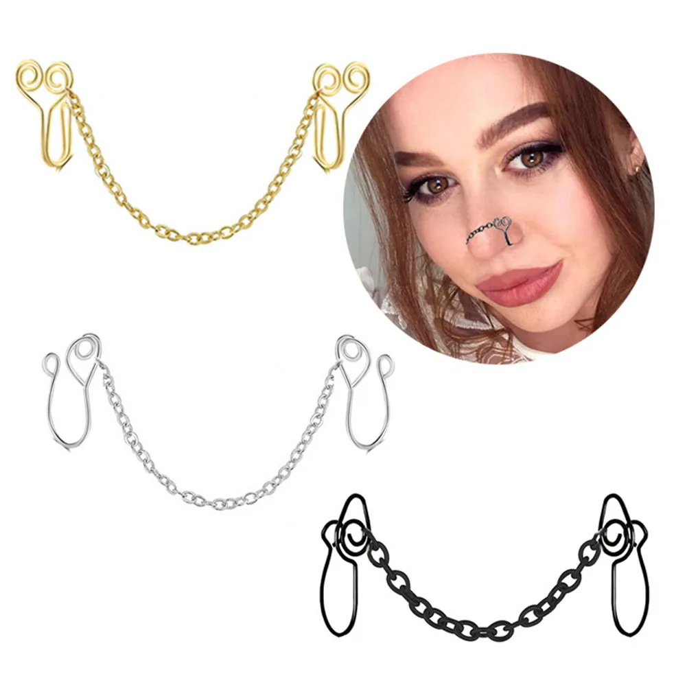 1Pc Nose Chain for Double Fake Nose Piercing Cuff Gold Black Nostril