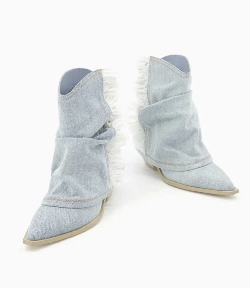 

Tassel Denim New European and American Retro Western Cowboy Boots Pointed Thick Heels, Niche Pants and Boots for Women