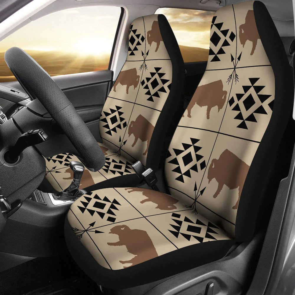 

Bison Car Seat Covers Tan, Brown, Black With Ethnic Symbols and Arrows,Pack of 2 Universal Front Seat Protective Cover