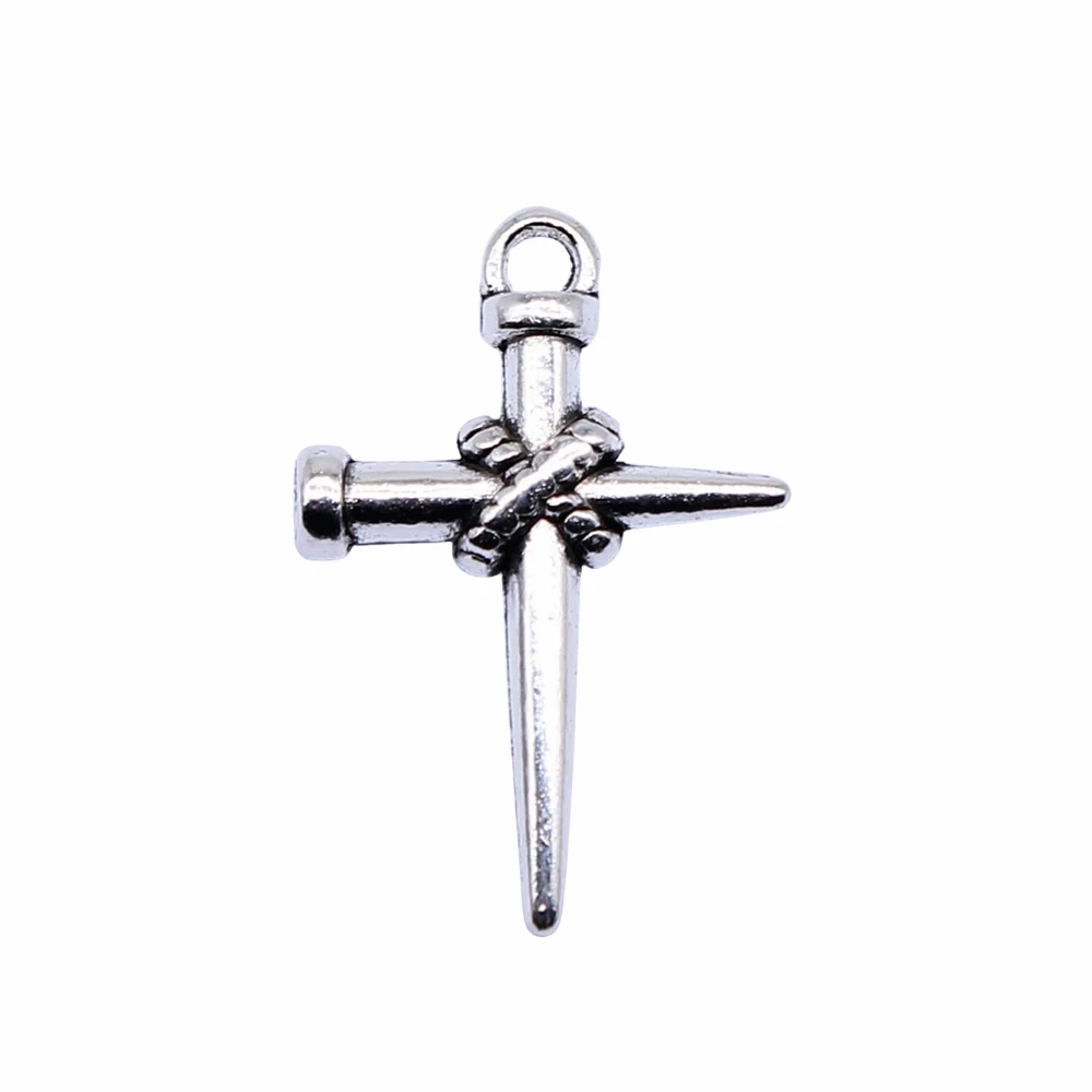 WYSIWYG 앤티크 실버 컬러 네일 크로스 참 펜던트, DIY 쥬얼리 제작용, 22x16mm, 10 개